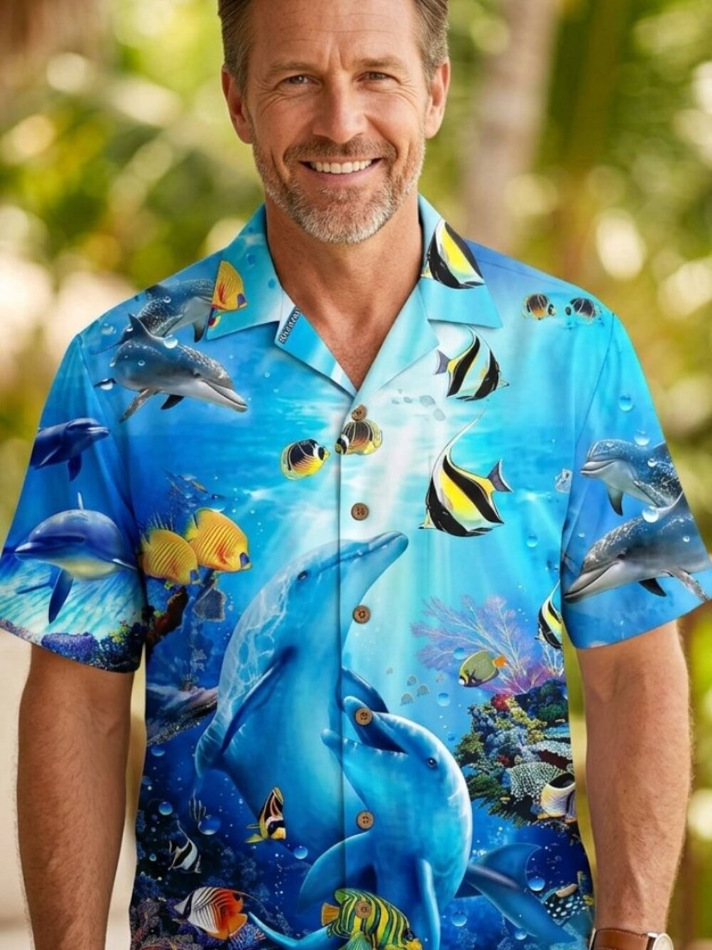 Men Hawaiian Summer Shirt Fish Dolphins Beach size L Short Sleeves Button DOwn
